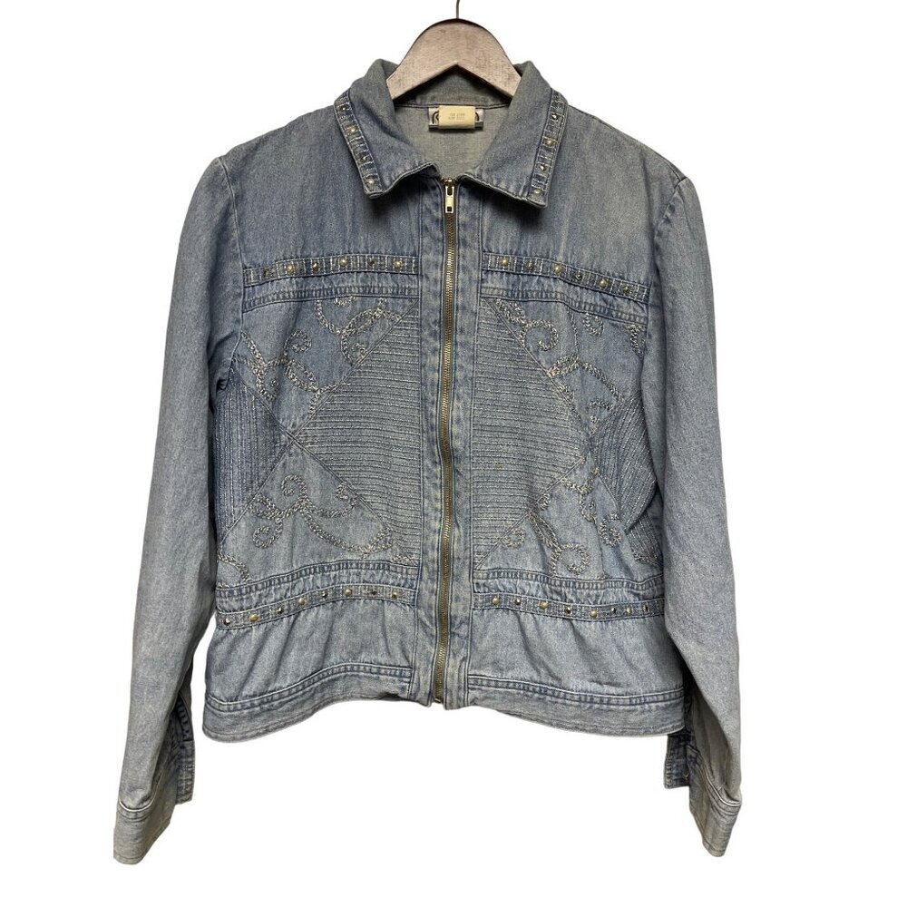 Saint Germain Paris Women's Denim Embellished Jacket VTG Full Zip Medium - Flaw